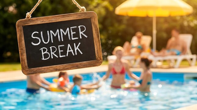 A chalkboard sign that says summer break hanging over a swimming pool