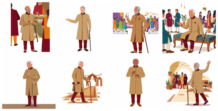 Collection of flat illustrations showing an elderly Indian man in traditional Sherwani at various social events, festivals, and family celebrations.