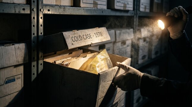 Gloved hand illuminates a 'Cold Case - 1978' file box in a dusty archive, searching for clues. A scene of historical crime investigation and mystery.