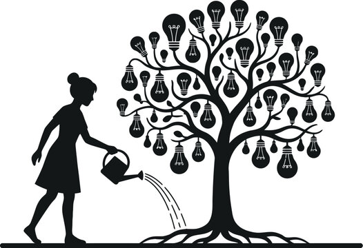 Silhouette of a tree with lightbulbs instead of leaves watered by a person on a white background bulb bulbous creative design