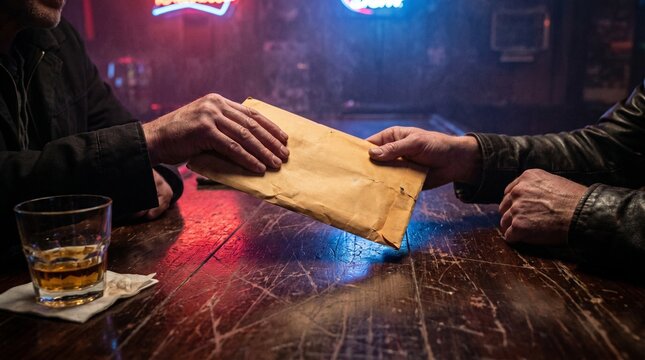 A clandestine exchange of a brown envelope between two individuals at a dark, atmospheric bar, perfect for themes of secret deals, crime, and intrigue.