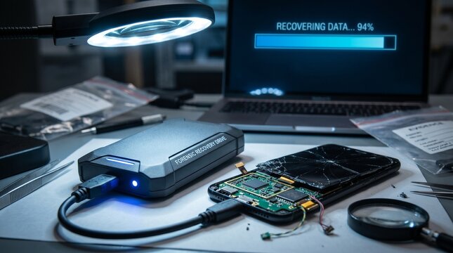 Digital forensic expert recovering data from a broken smartphone onto a specialized 'Forensic Recovery Drive' in a lab setting, with laptop showing recovery progress.
