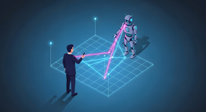 Artificial intelligence ai robot and human analyzing trading data