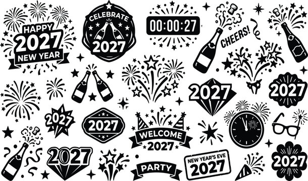 Happy New Year 2027 Celebration Vector Graphic Set Featuring Black Silhouette Badges, Fireworks, Champagne Toast, Countdown Clock, and Festive Party Elements for Creative Designs