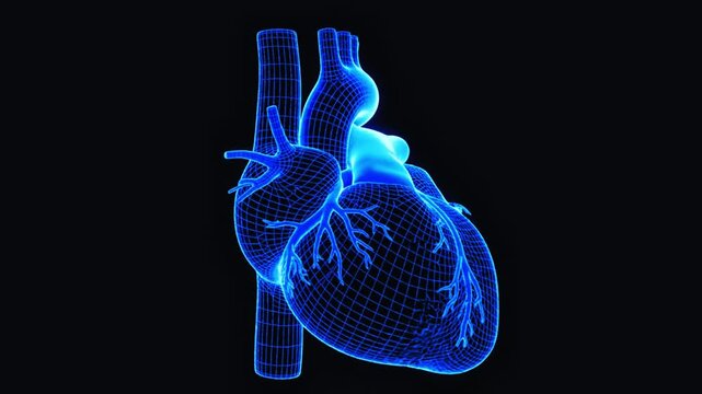 Glowing blue wireframe human heart on black background, symbolizing life and health.