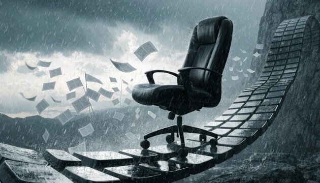 A whimsical depiction of an office chair gliding down a creative rollercoaster constructed from keyboard keys surrounded by floating papers in a dreamlike setting
