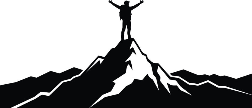 Silhouette of a hiker with arms raised atop a mountain peak against a white background achievement alpine ascent background white black and white challenge