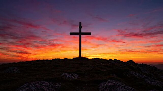 Christian cross silhouette on mountain peak at sunset, religious symbol of hope and faith, cinematic spiritual background
