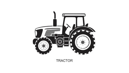 Very beautiful black and white vector illustration of a TRACTOR with detailed wheel structure and realistic agricultural styling, isolated on white background, with the label "TRACTOR" displayed benea © ehsanollah
