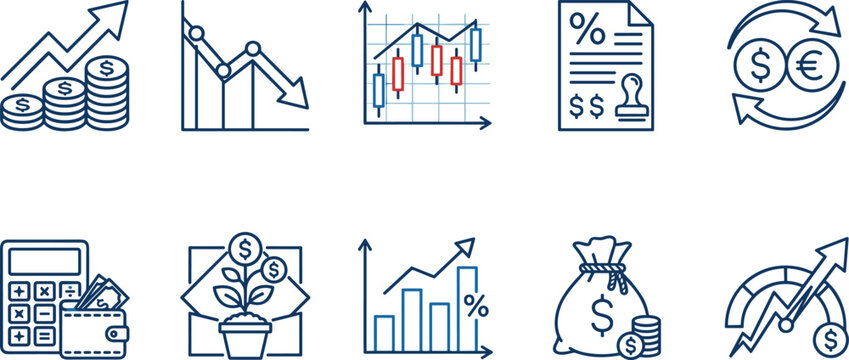 Financial Growth and Return on Investment Icon Set with Stock Market Charts Revenue Graphs Currency Exchange and Money Management Line Symbols