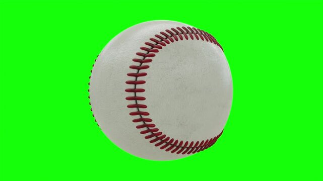 Realistic leather baseball with red stitching spinning slowly on a solid green screen chroma key background