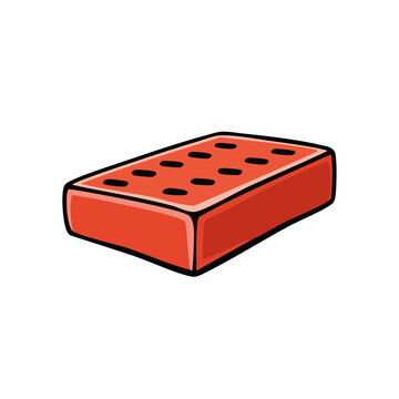 Simple cartoon illustration of a single red brick with visible holes on its surface