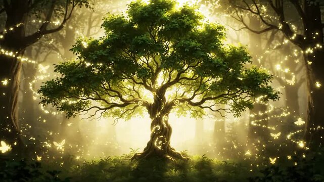 Enchanted glowing tree in magical forest with flying fireflies and golden light rays