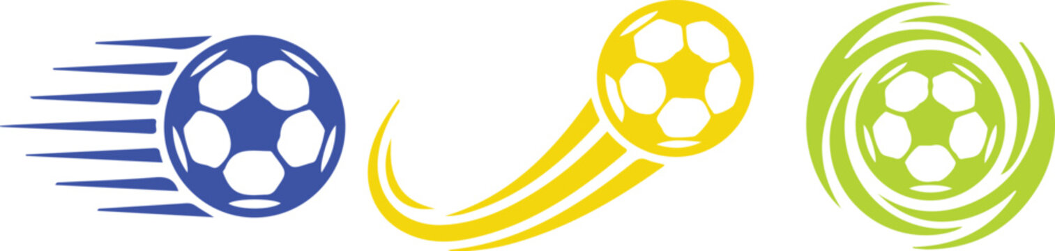 Dynamic soccer ball icons set with speed lines, swoosh trail, and spinning swirl vortex