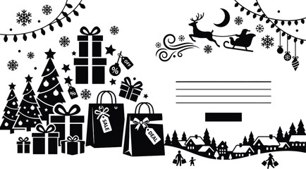 Silhouette of christmas gifts reindeer sleigh and winter village against a white background for seasonal designs black and white celebration christmas decorations christmas eve christmas gifts © Sourav