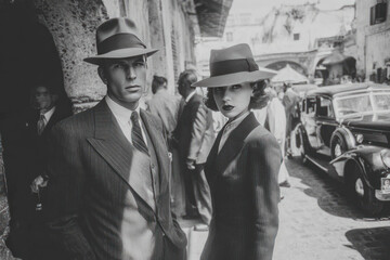 Fototapeta premium Elegant vintage couple in 1940s fashion standing on historic street with classic car