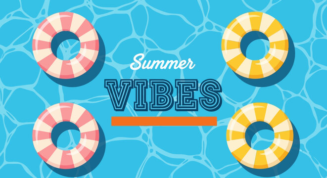 Summer vibes with colorful inflatable rings on blue water background with light reflections