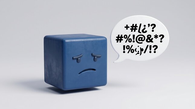 Sad blue cube character with speech bubble, frustrated emoji block with swearing symbols, unhappy 3D toy expressing anger and confusion