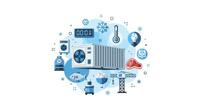 Cold Chain Logistics Concept with Refrigerated Shipping Container and Frozen Food Icons for Temperature Controlled Transportation