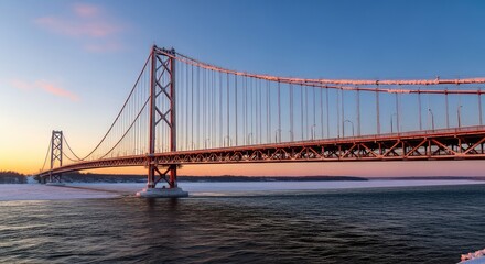 Obraz premium A massive suspension bridge stands tall over icy river waters during a cold winter evening, with heavy snow covering the steel structures, fog, hazy, white