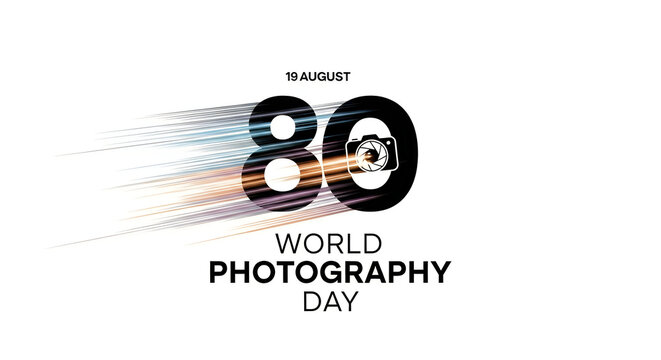World photography day creative banner with motion effect and number eighty and camera icon.