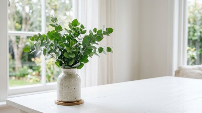 Minimalist vase with green eucalyptus leaves on a white table by the window.