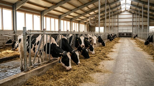 Modern Dairy Farm Barn with Holstein Cows Eating Hay 1.