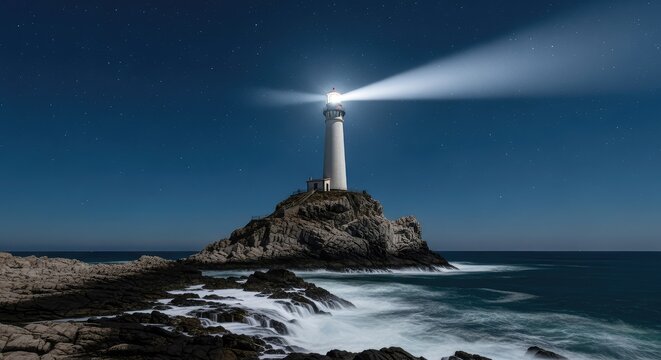 A solitary lighthouse stands tall on a rugged rock formation amidst a dark, crashing sea under a clear starry night sky with a bright beam, nautical, light, solitude
