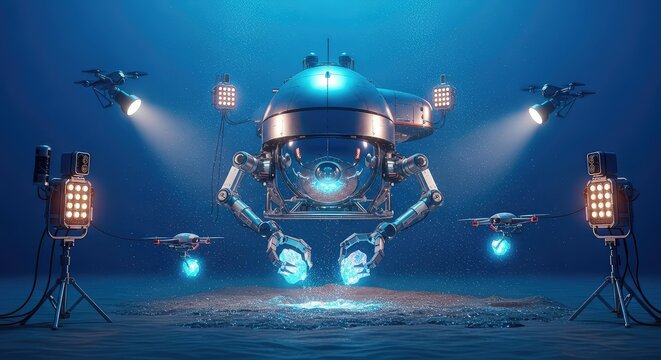 Advanced robotic submersibles extract glowing minerals from the deep ocean floor, surrounded by high-tech equipment and floating sediment, industrial, seafloor, metal