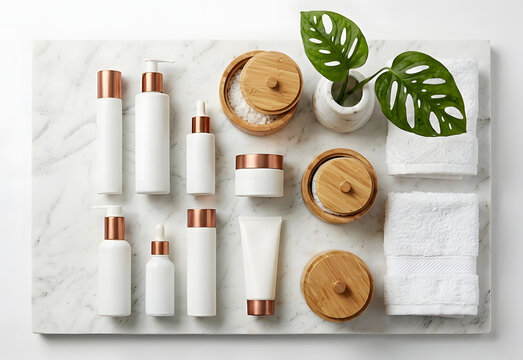 Organic Skincare Product Mockup Set with Bamboo Containers and White Cosmetic Bottles on Marble Background with Monstera Leaf