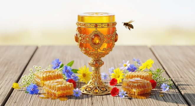 An elegant chalice filled with golden honey mead stands on a rustic table, surrounded by wildflowers and honeycomb in an artistic style, glass, nature, organic