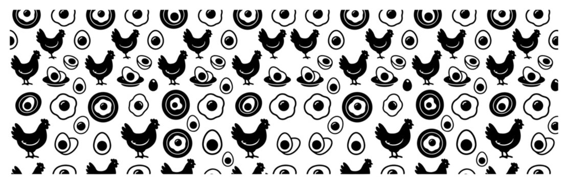 Farm chickens and various egg preparations create a seamless pattern for breakfast or culinary design