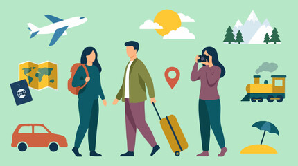 Fototapeta premium People Traveling with Various Modes of Transport and Destination Icons