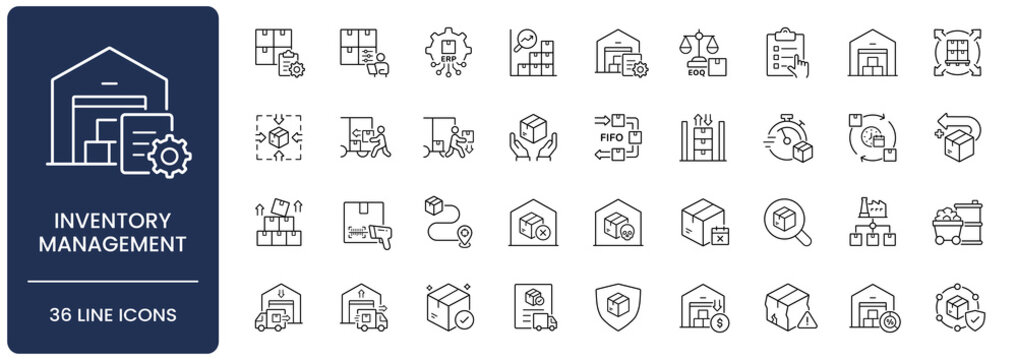 Inventory management icon set. Collection of warehouse storage, stock control, supply chain logistic and order fulfillment line icon vector illustration with editable stroke.