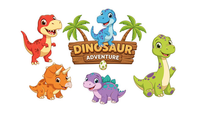 Colorful cute dinosaur group with adventure banner t rex dinosaur adventure
