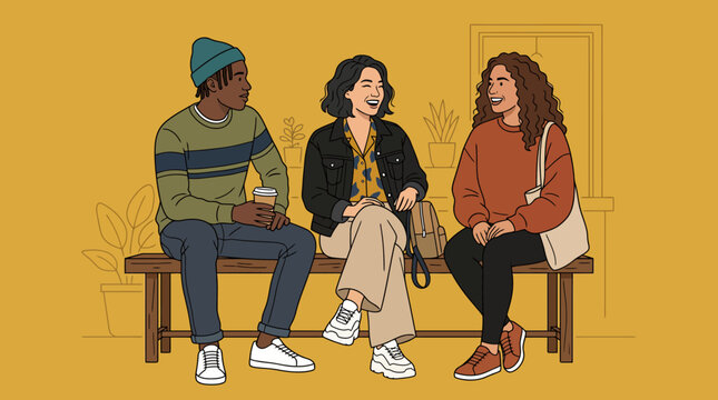 Diverse group of friends chatting outdoors.
