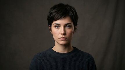 Fototapeta premium Serious Young Woman with Short Dark Hair Studio Portrait
