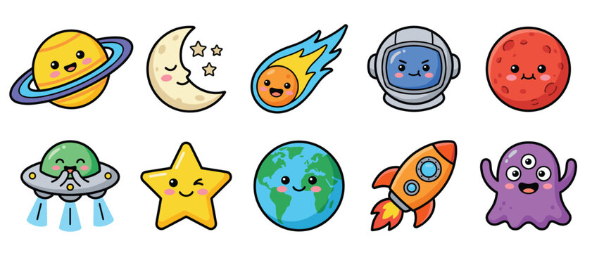 Kawaii space cartoon vector set cute planet moon comet astronaut mars ufo star earth rocket alien sticker clipart collection for kids design
