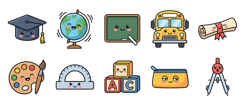 Kawaii education cartoon vector set cute graduation cap globe chalkboard school bus diploma paint ruler blocks pencil case compass sticker clipart kids
