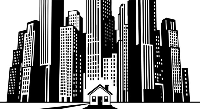 Minimalist city skyline illustration with small suburban house