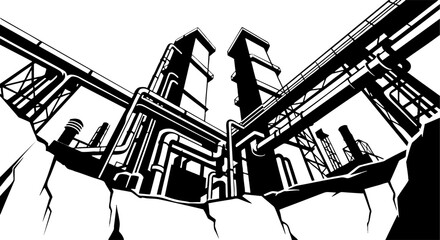 Obraz premium Black and White Industrial Factory Illustration with Pipes