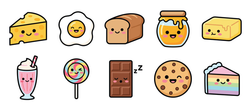 Kawaii dessert and dairy cartoon vector set cute cheese egg bread honey butter milkshake lollipop chocolate cookie cake sticker clipart collection kids
