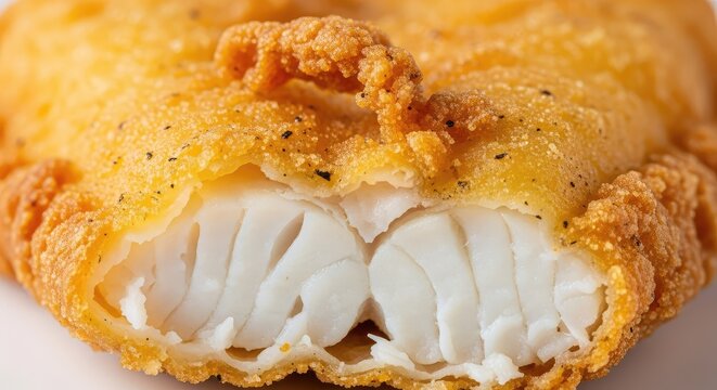 Macro view of a golden battered cod fillet with a crispy deep-fried texture, showcasing the flaky white fish and seasoned crunchy crust, hot, fresh, fish