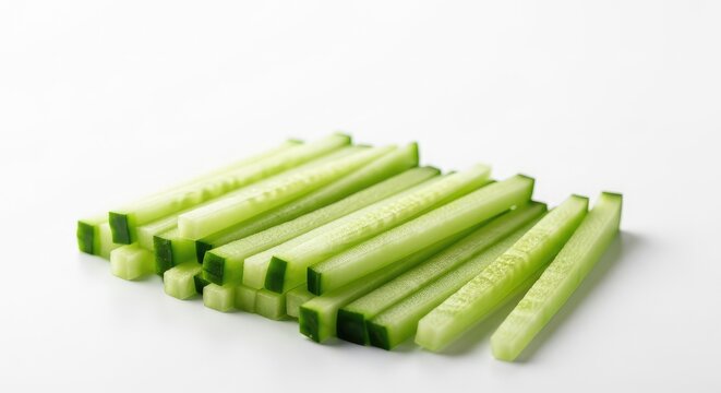 Neatly sliced green cucumber julienne strips laid out artistically on a pure white surface, showcasing fresh texture and vibrant color, crisp, refreshing, diet