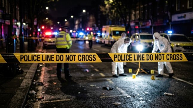 Police tape cordons off crime scene with forensic investigators working at night.