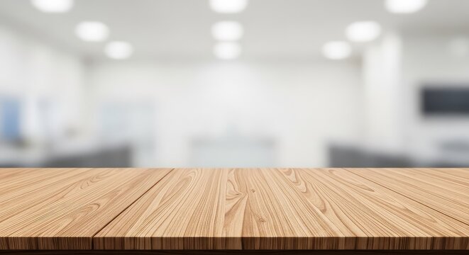 Superf&iacute;cie de mesa em madeira lisa e polida exibindo textura natural elegante sobre um fundo suavemente desfocado com ilumina&ccedil;&atilde;o ambiente, textura, gr&atilde;o, desfocagem