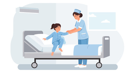 Fototapeta premium Nurse helping young child get out of hospital bed, medical care illustration