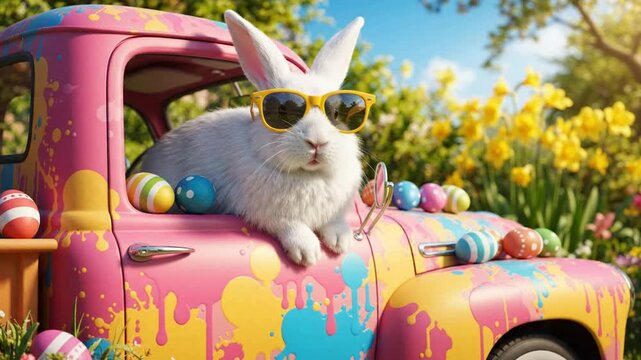Cute easter bunny in sunglasses driving a colorful painted truck with eggs rabbit