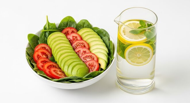 Una ensalada colorida de espinacas, tomates y aguacate junto a una jarra de agua fresca con rodajas de lim&oacute;n y hojas de menta naturales, organico, aguacate, menta