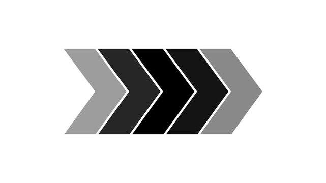 Abstract design element with multiple chevron arrows pointing right in a gradient of black and gray colors for business presentation graphics and digital interface design icons